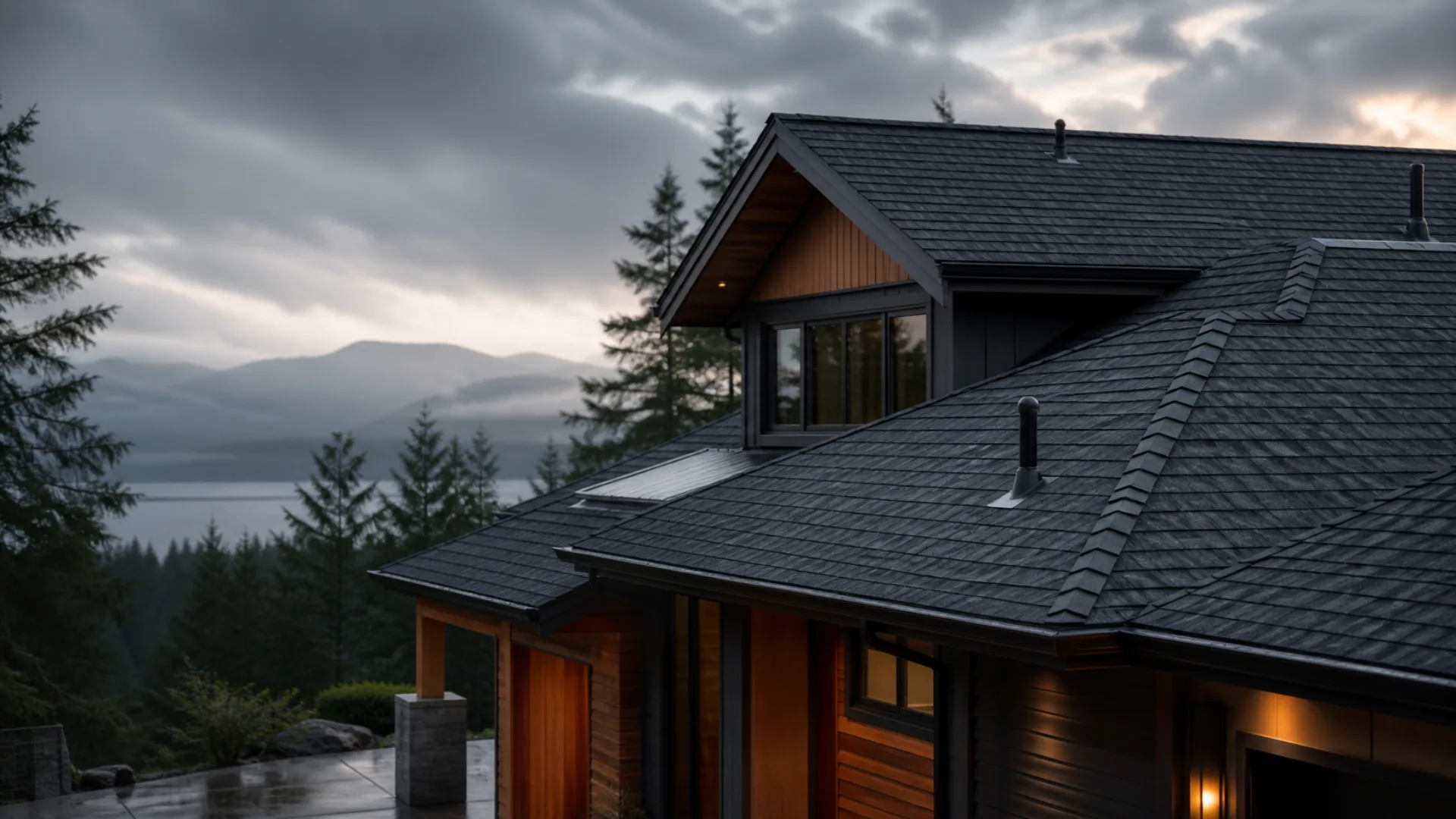 Illustrative coastal home roof in misty Vancouver Island weather